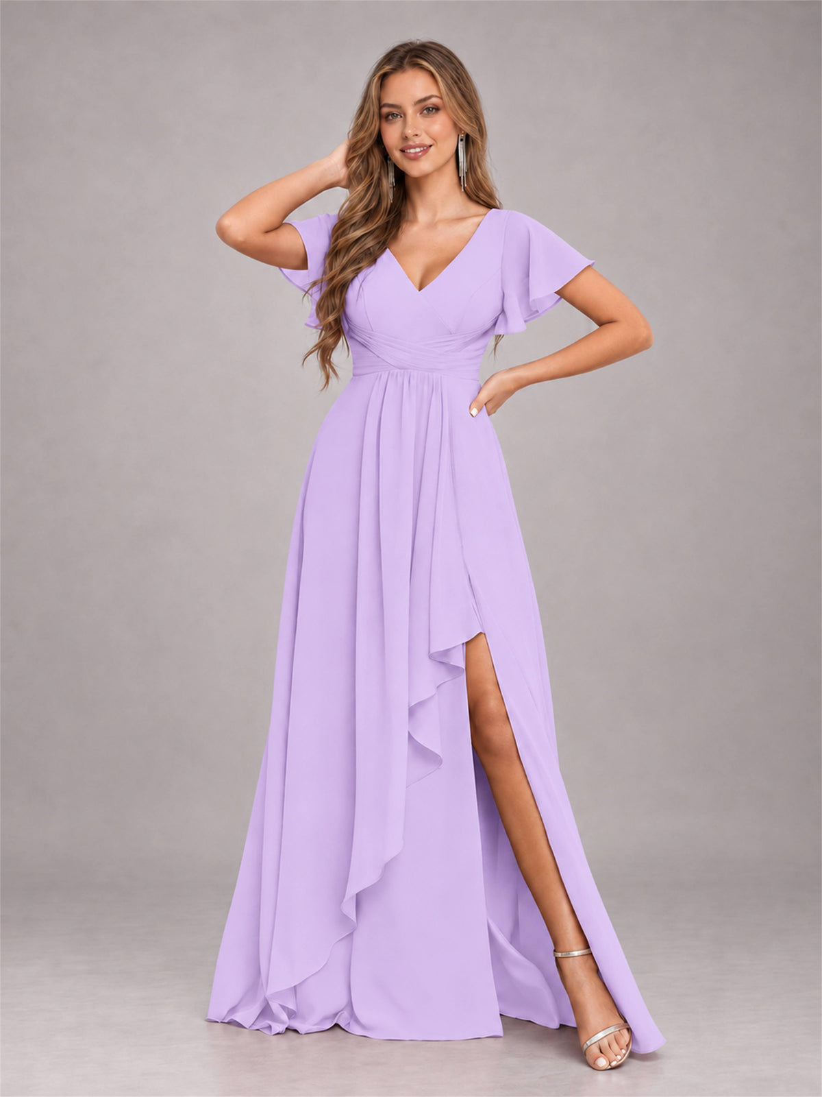Lilac Stylish Ruffles A-Line V-Neck Slit Chiffon Bridesmaid Dress
