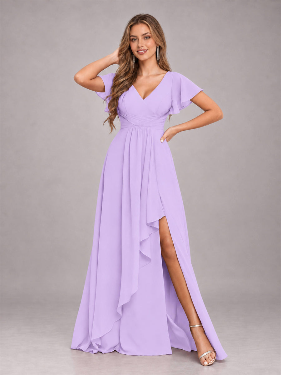 Lilac Stylish Ruffles A-Line V-Neck Slit Chiffon Bridesmaid Dress