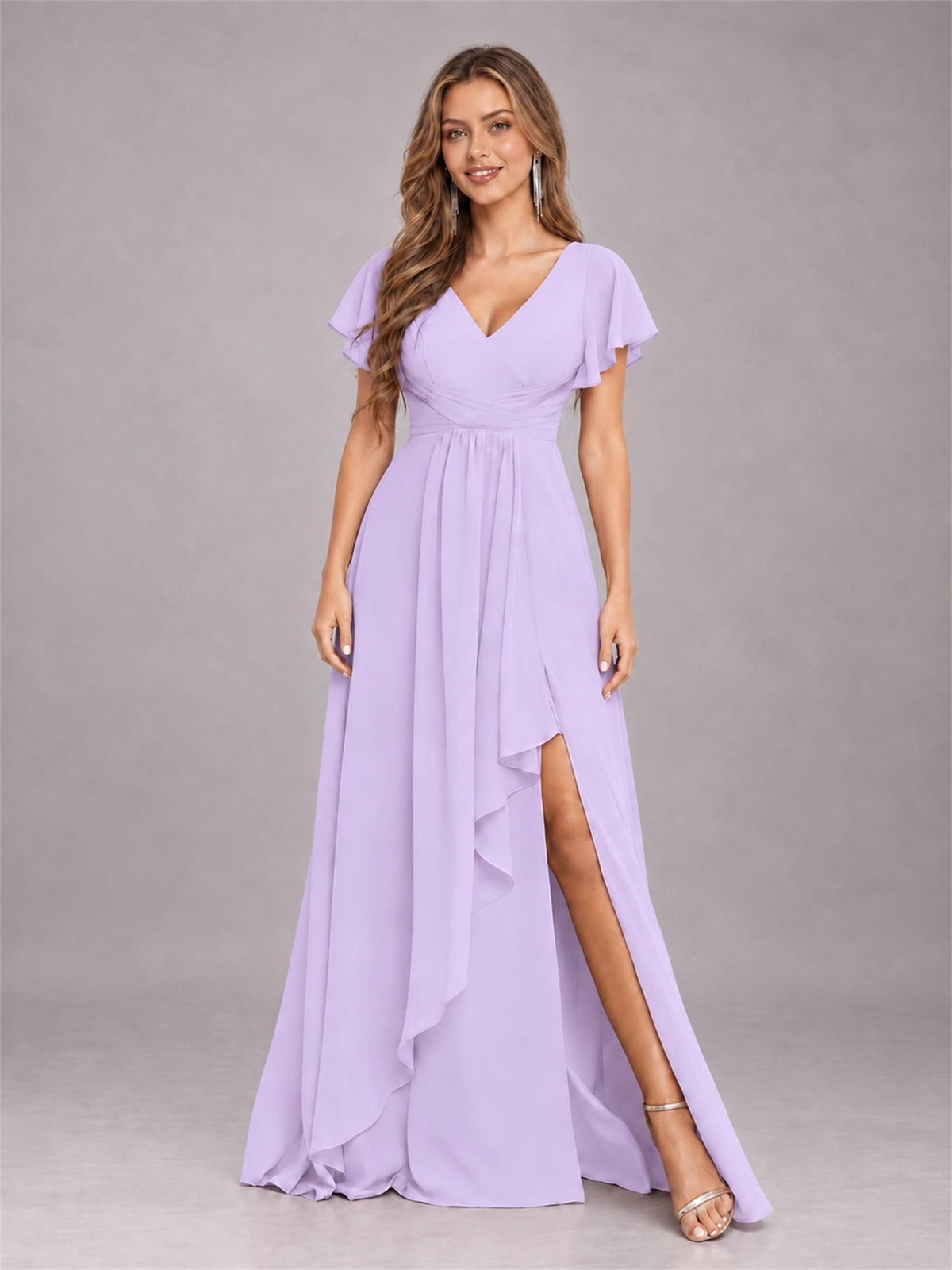 Lilac Stylish Ruffles A-Line V-Neck Slit Chiffon Bridesmaid Dress