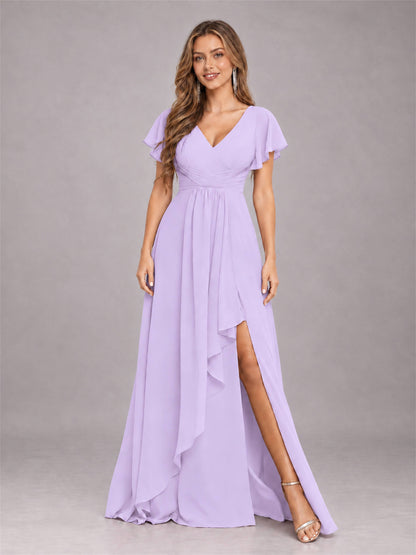 Lilac Stylish Ruffles A-Line V-Neck Slit Chiffon Bridesmaid Dress