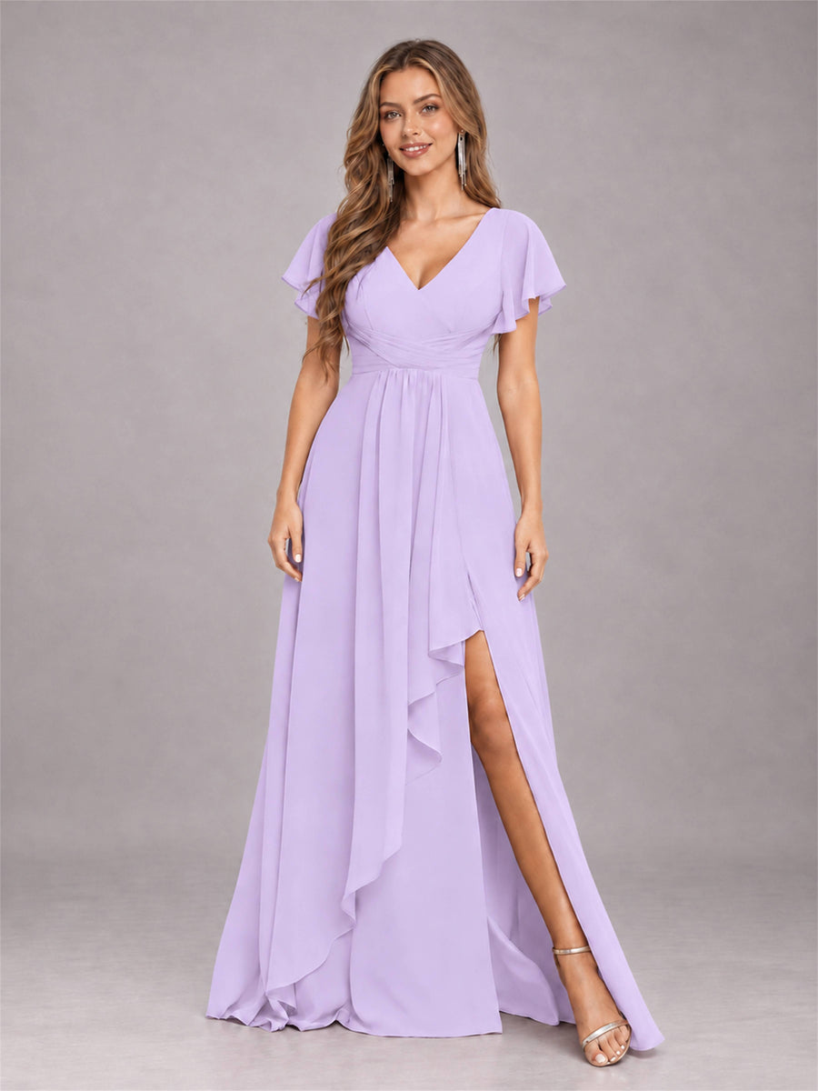Lilac Stylish Ruffles A-Line V-Neck Slit Chiffon Bridesmaid Dress