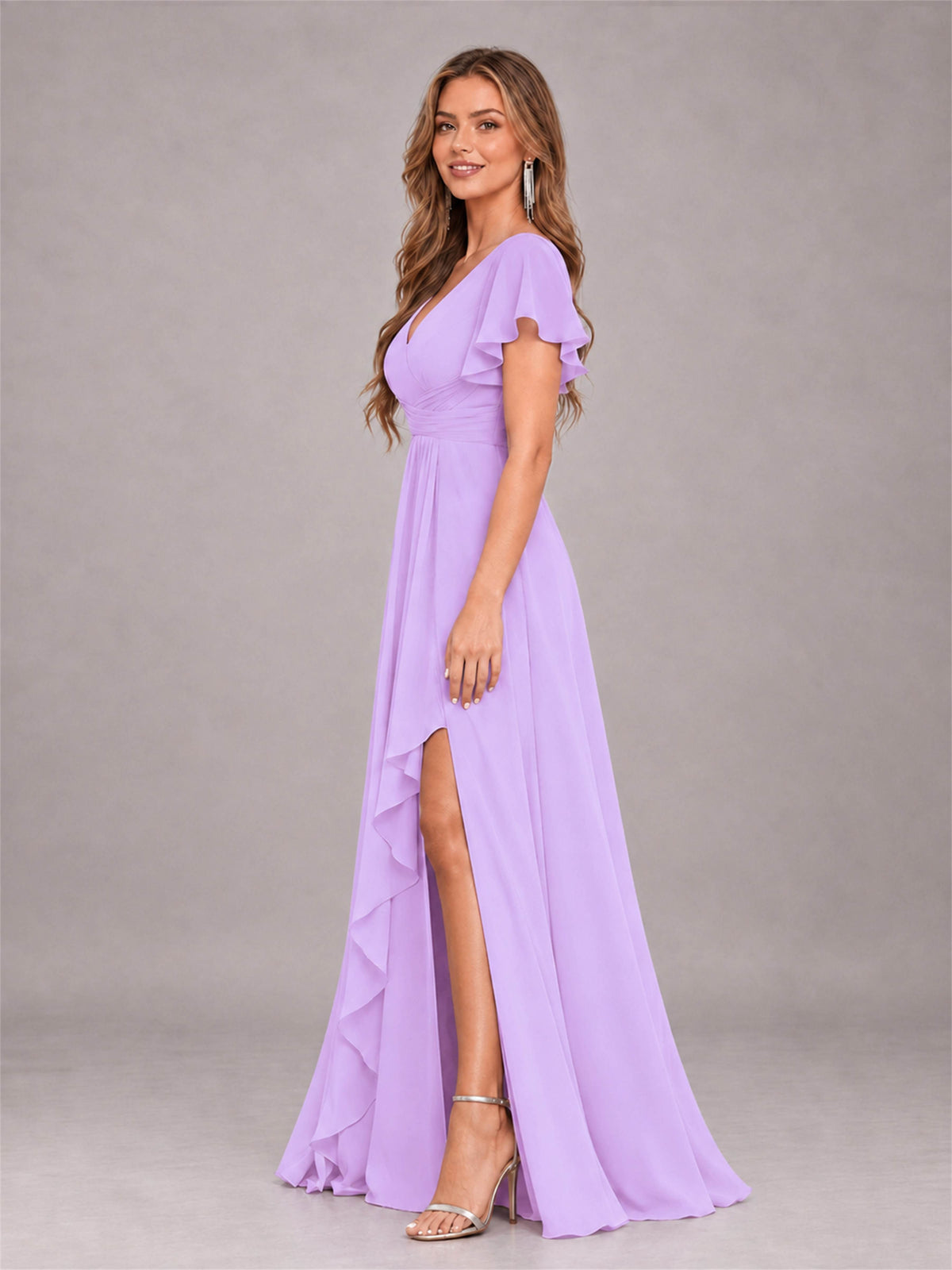 Lilac Stylish Ruffles A-Line V-Neck Slit Chiffon Bridesmaid Dress