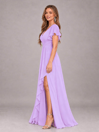 Lilac Stylish Ruffles A-Line V-Neck Slit Chiffon Bridesmaid Dress
