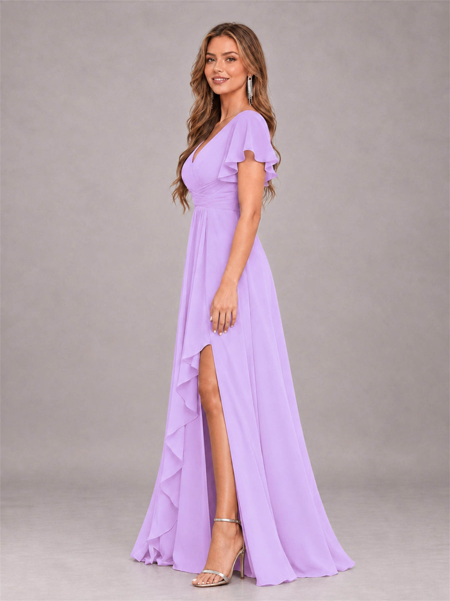 Lilac Stylish Ruffles A-Line V-Neck Slit Chiffon Bridesmaid Dress