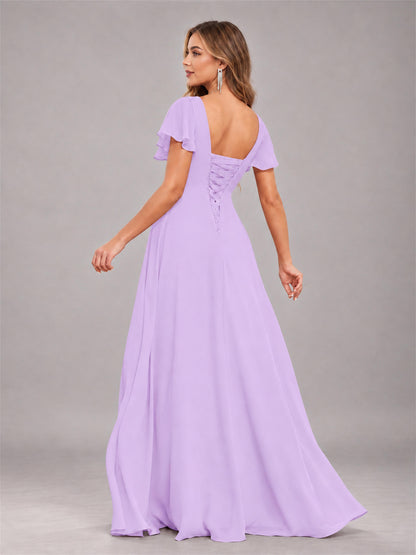 Lilac Stylish Ruffles A-Line V-Neck Slit Chiffon Bridesmaid Dress