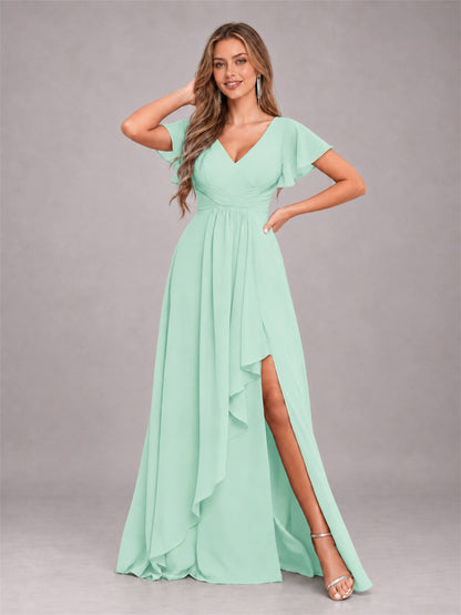 Mint Green Stylish Ruffles A-Line V-Neck Slit Chiffon Bridesmaid Dress