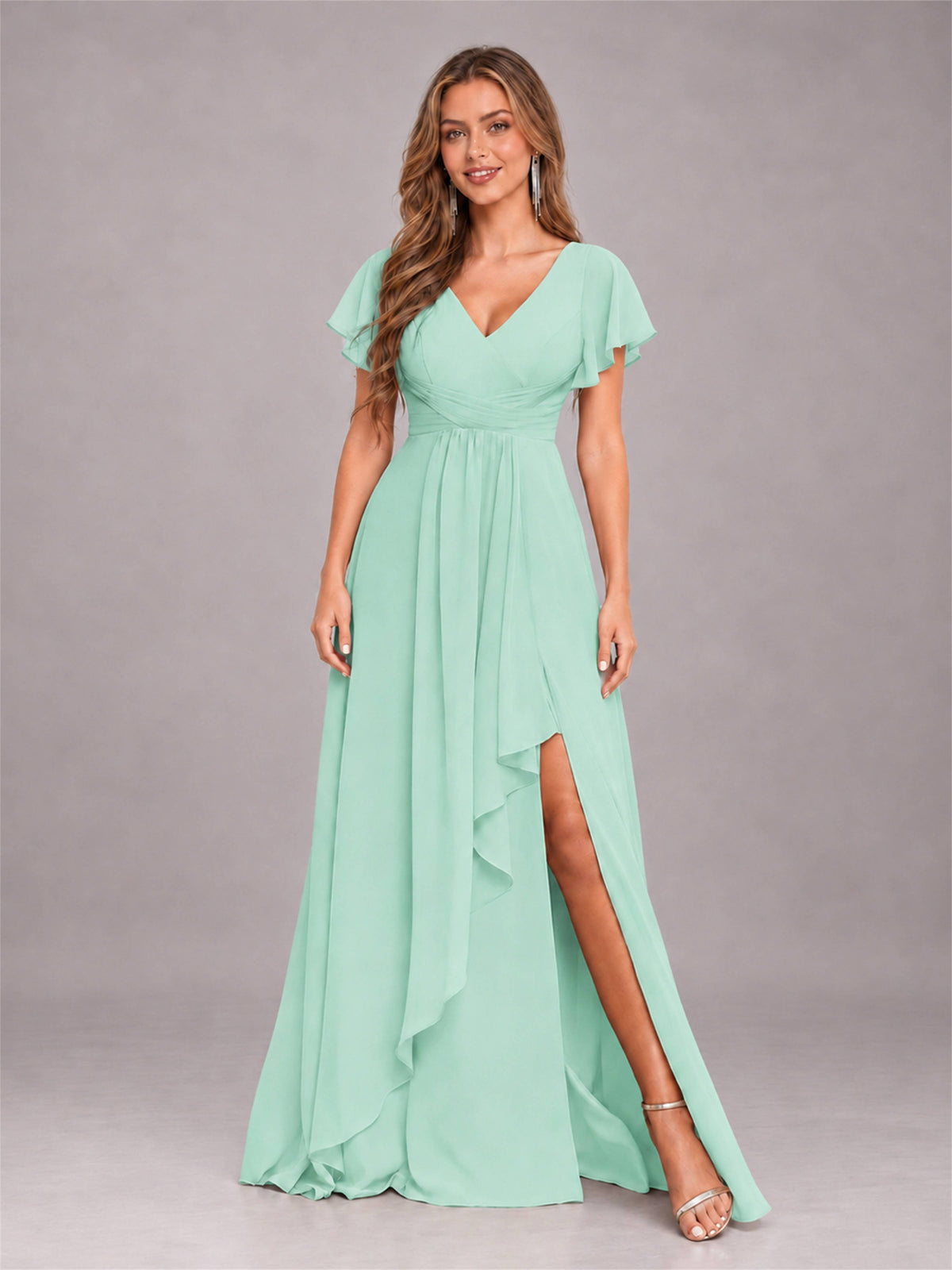 Mint Green Stylish Ruffles A-Line V-Neck Slit Chiffon Bridesmaid Dress
