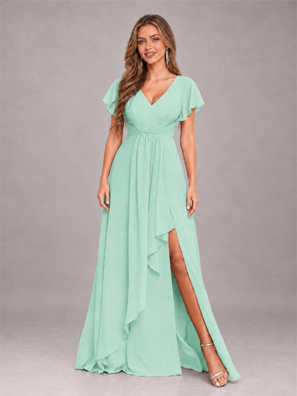 Mint Green Stylish Ruffles A-Line V-Neck Slit Chiffon Bridesmaid Dress