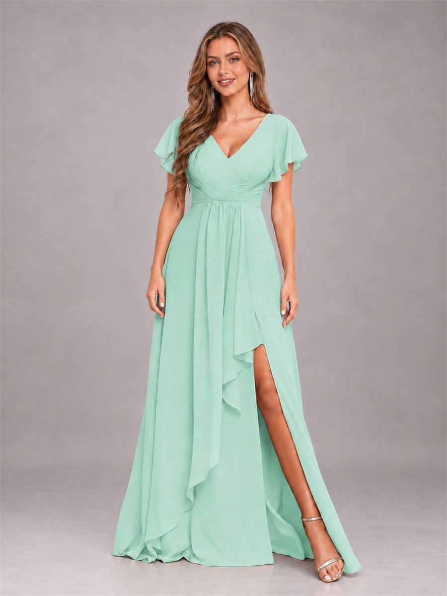 Mint Green Stylish Ruffles A-Line V-Neck Slit Chiffon Bridesmaid Dress