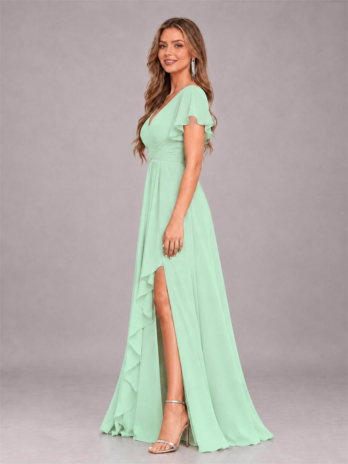 Mint Green Stylish Ruffles A-Line V-Neck Slit Chiffon Bridesmaid Dress