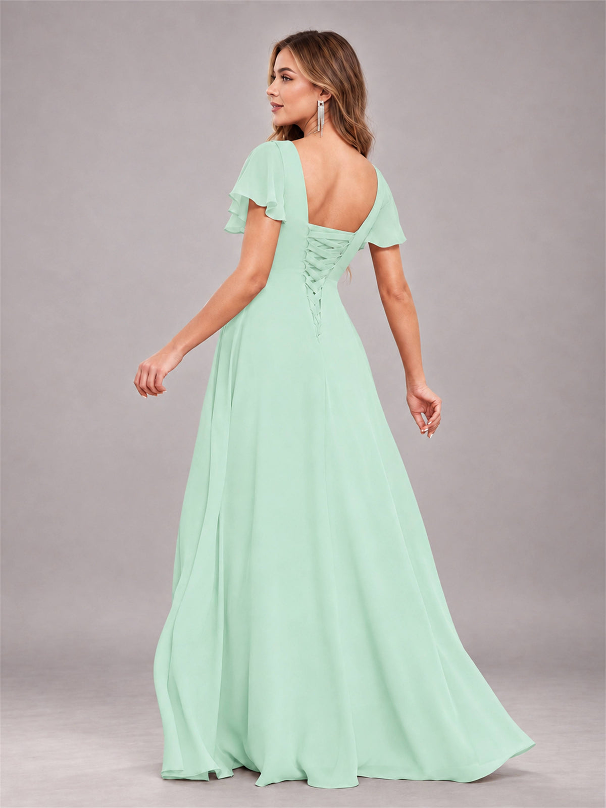 Mint Green Stylish Ruffles A-Line V-Neck Slit Chiffon Bridesmaid Dress
