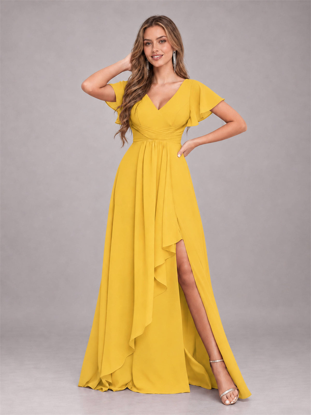 Mustard Yellow Stylish Ruffles A-Line V-Neck Slit Chiffon Bridesmaid Dress