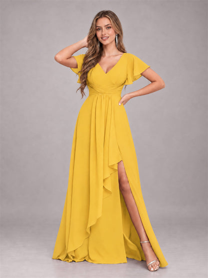 Mustard Yellow Stylish Ruffles A-Line V-Neck Slit Chiffon Bridesmaid Dress