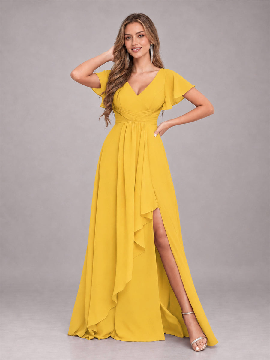 Mustard Yellow Stylish Ruffles A-Line V-Neck Slit Chiffon Bridesmaid Dress