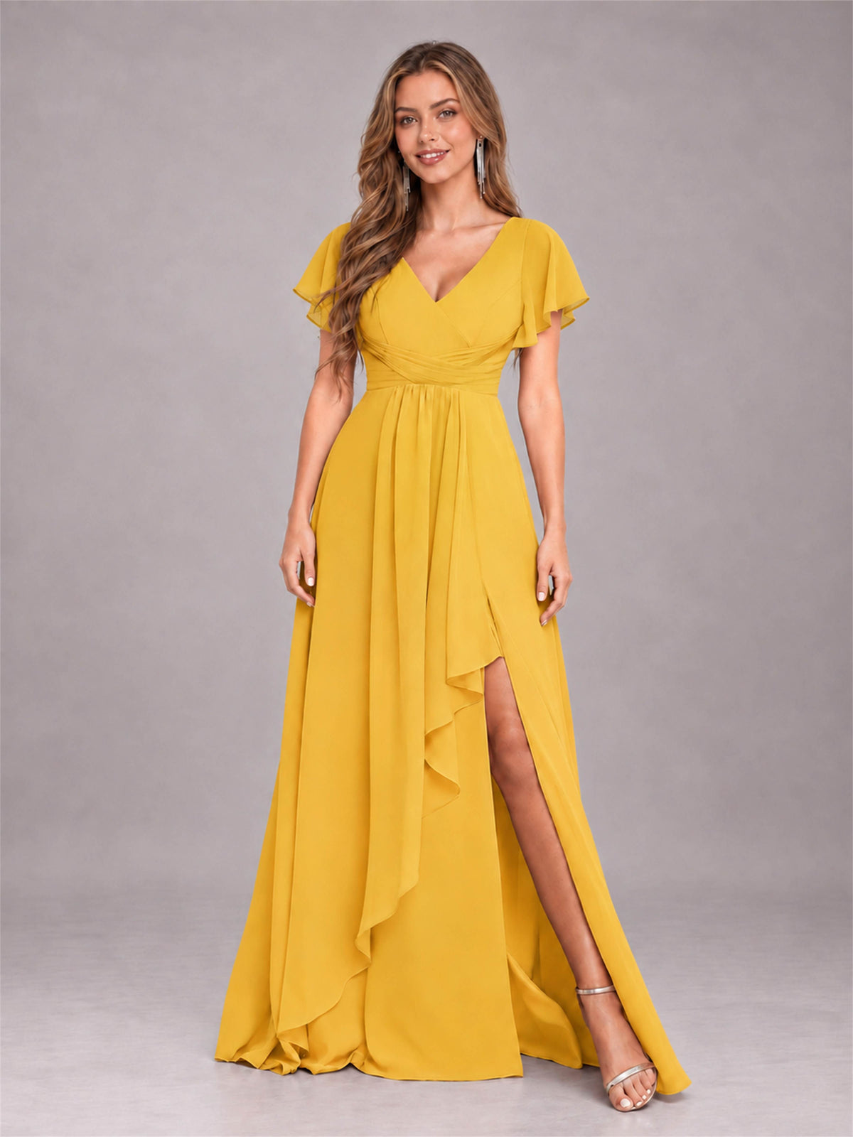 Mustard Yellow Stylish Ruffles A-Line V-Neck Slit Chiffon Bridesmaid Dress