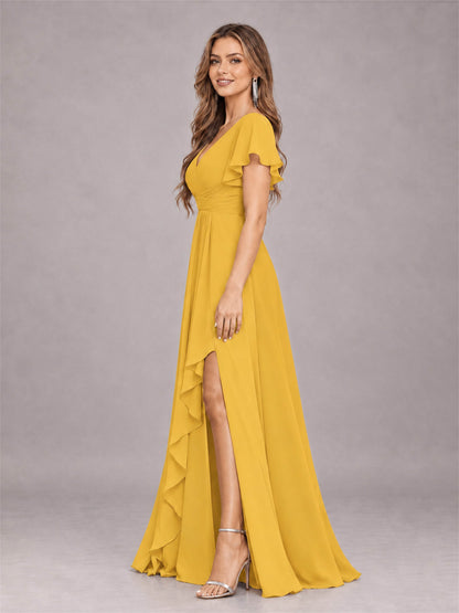 Mustard Yellow Stylish Ruffles A-Line V-Neck Slit Chiffon Bridesmaid Dress