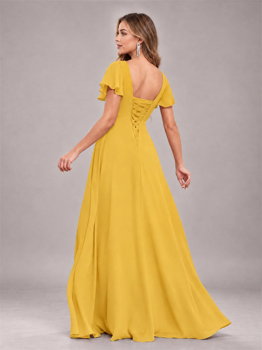 Mustard Yellow Stylish Ruffles A-Line V-Neck Slit Chiffon Bridesmaid Dress