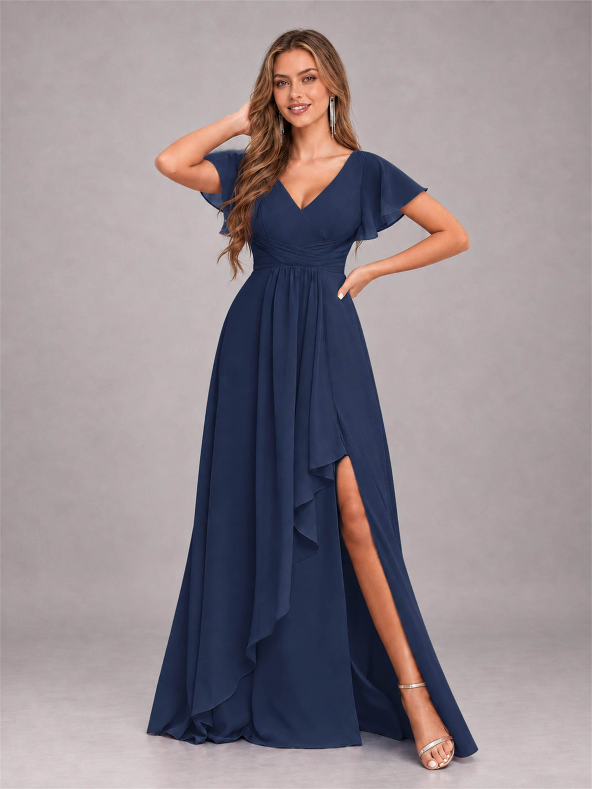 Navy Blue Stylish Ruffles A-Line V-Neck Slit Chiffon Bridesmaid Dress