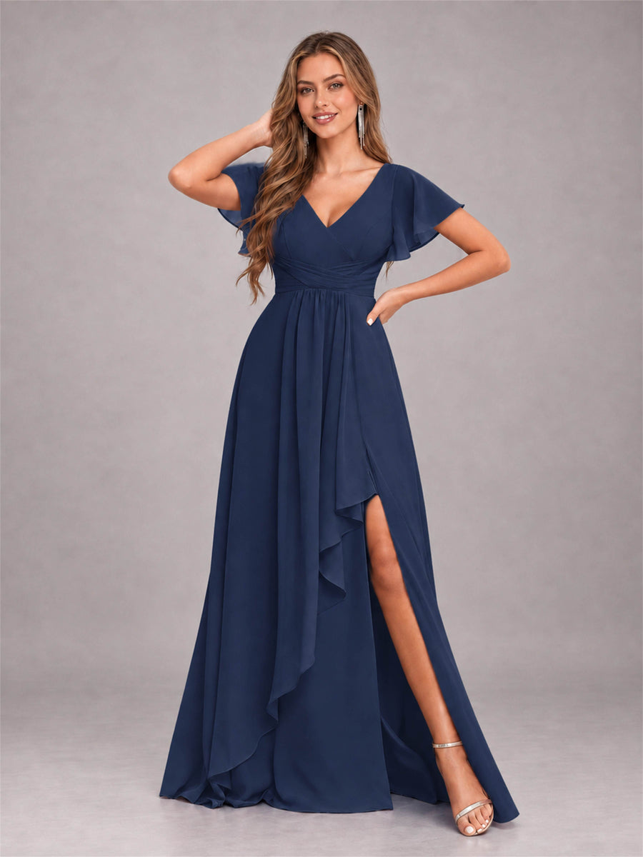 Navy Blue Stylish Ruffles A-Line V-Neck Slit Chiffon Bridesmaid Dress