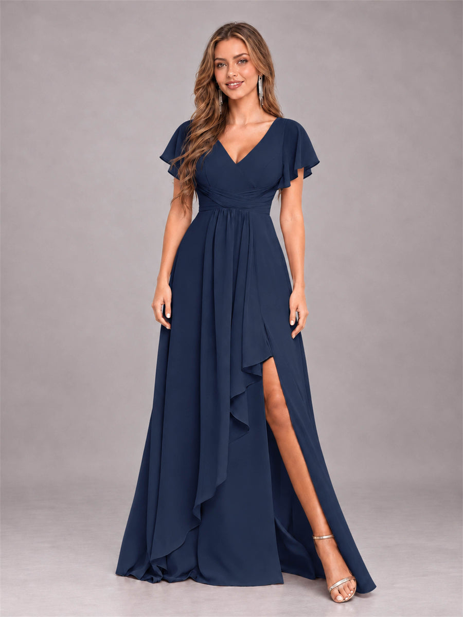 Navy Blue Stylish Ruffles A-Line V-Neck Slit Chiffon Bridesmaid Dress