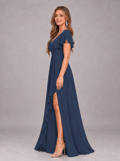 Navy Blue Stylish Ruffles A-Line V-Neck Slit Chiffon Bridesmaid Dress