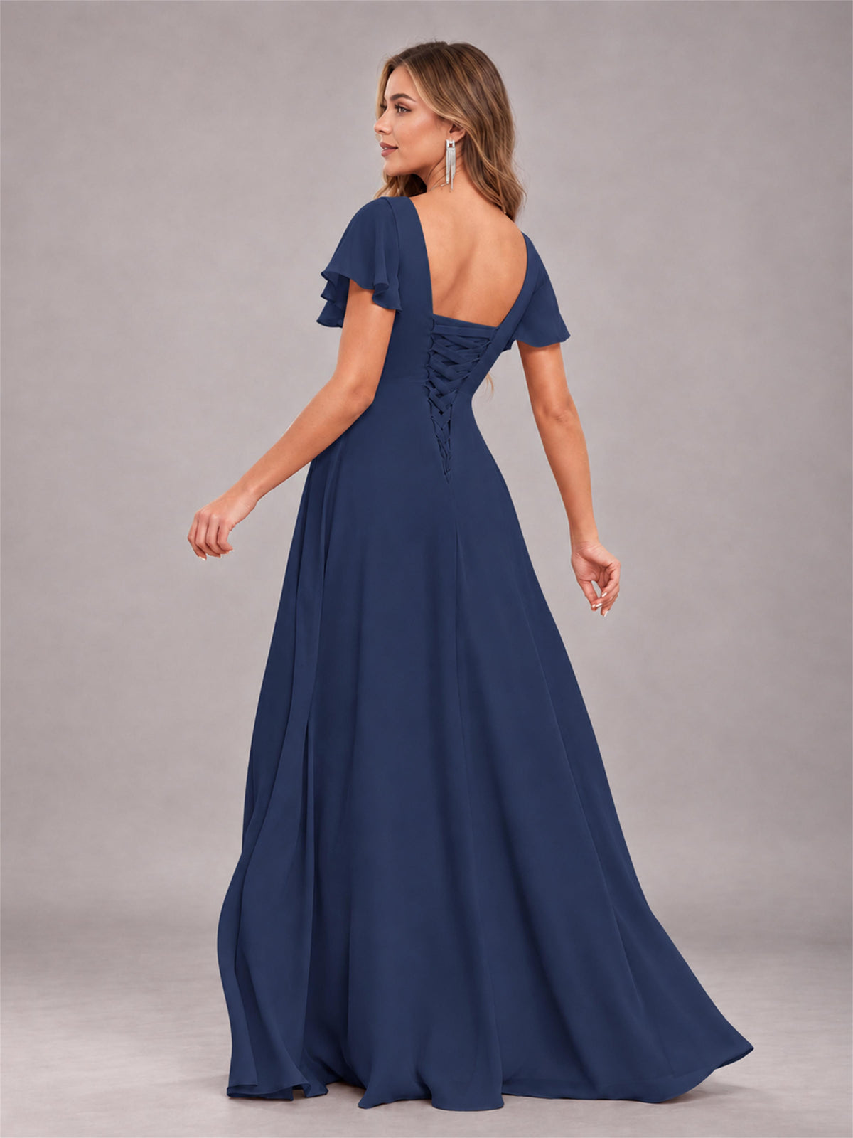 Navy Blue Stylish Ruffles A-Line V-Neck Slit Chiffon Bridesmaid Dress
