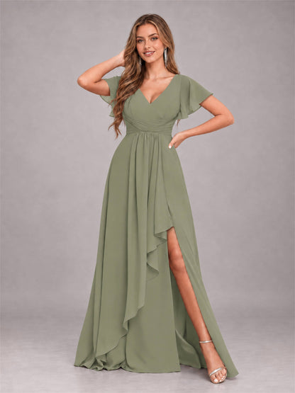 Olive Green Stylish Ruffles A-Line V-Neck Slit Chiffon Bridesmaid Dress