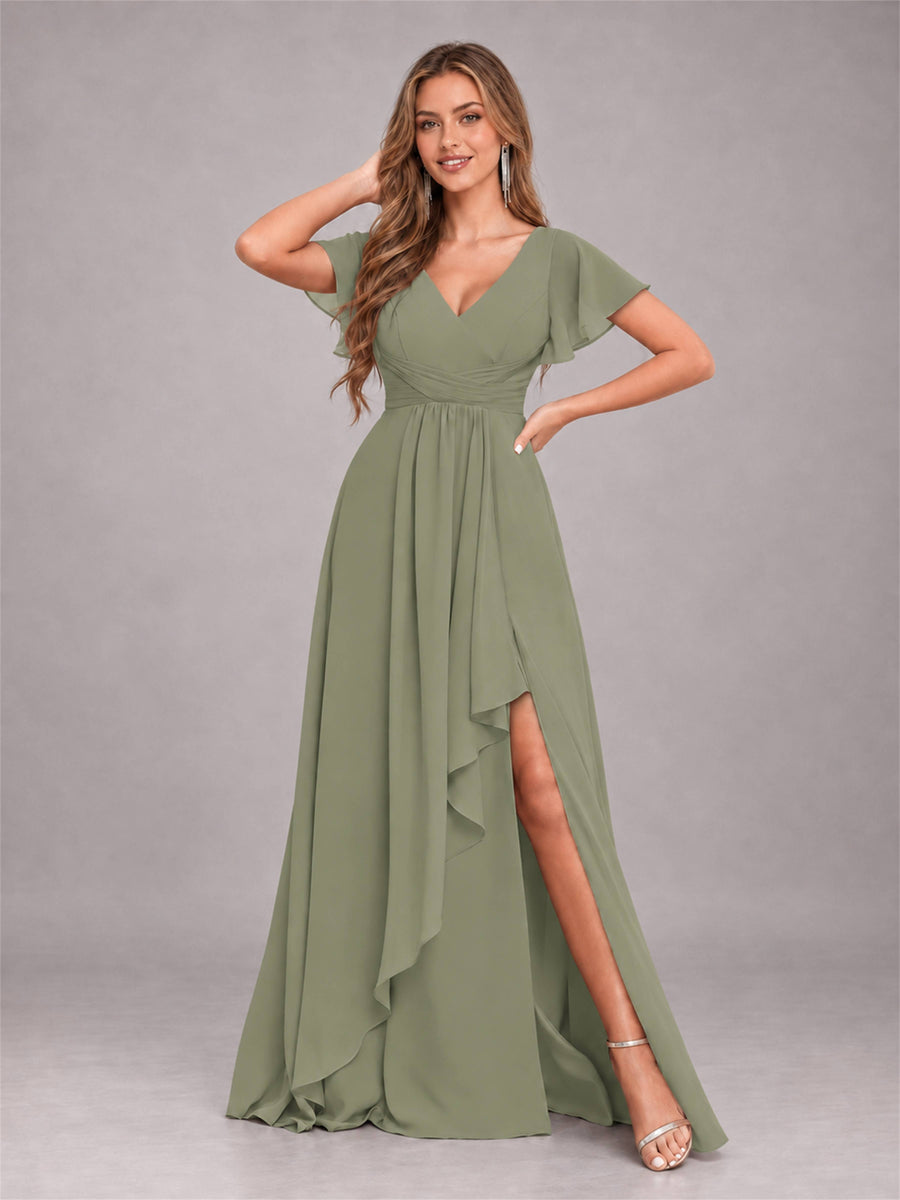 Olive Green Stylish Ruffles A-Line V-Neck Slit Chiffon Bridesmaid Dress