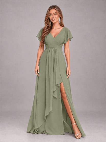 Olive Green Stylish Ruffles A-Line V-Neck Slit Chiffon Bridesmaid Dress