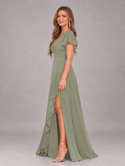 Olive Green Stylish Ruffles A-Line V-Neck Slit Chiffon Bridesmaid Dress
