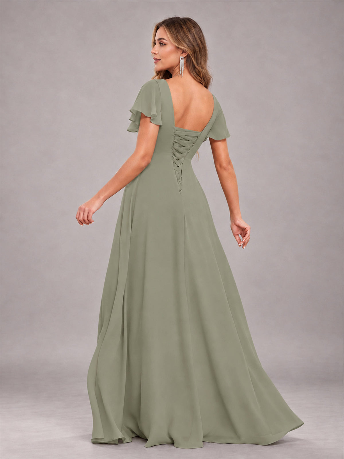 Olive Green Stylish Ruffles A-Line V-Neck Slit Chiffon Bridesmaid Dress