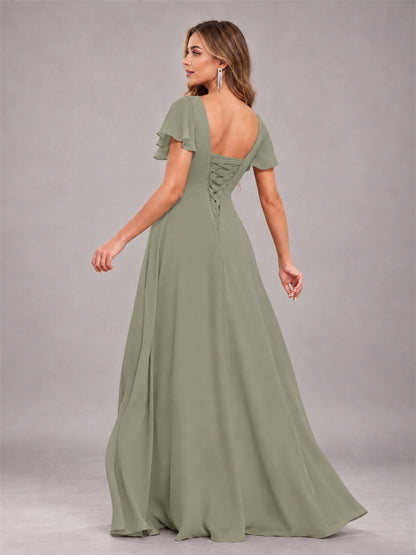 Olive Green Stylish Ruffles A-Line V-Neck Slit Chiffon Bridesmaid Dress
