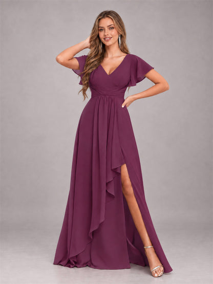 Plum Stylish Ruffles A-Line V-Neck Slit Chiffon Bridesmaid Dress