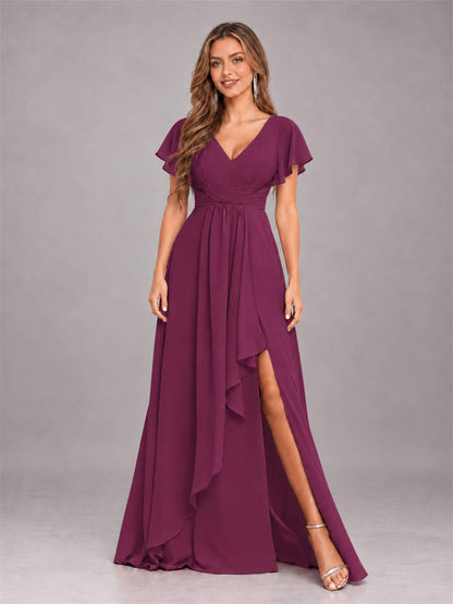 Plum Stylish Ruffles A-Line V-Neck Slit Chiffon Bridesmaid Dress
