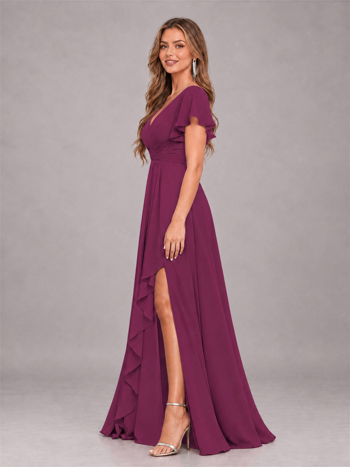 Plum Stylish Ruffles A-Line V-Neck Slit Chiffon Bridesmaid Dress