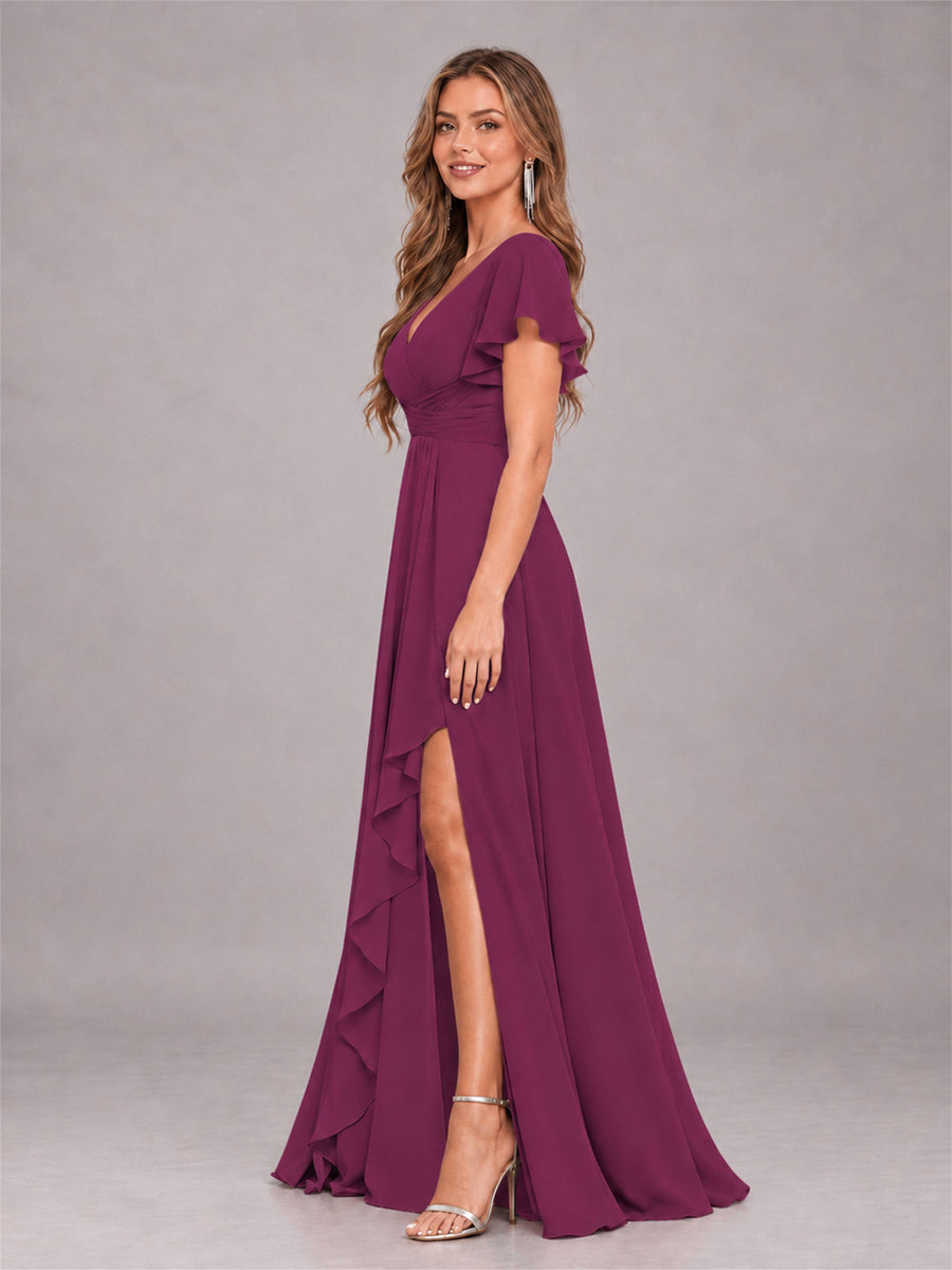 Plum Stylish Ruffles A-Line V-Neck Slit Chiffon Bridesmaid Dress