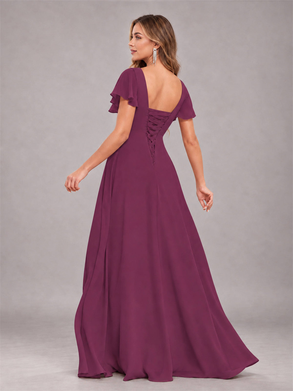 Plum Stylish Ruffles A-Line V-Neck Slit Chiffon Bridesmaid Dress