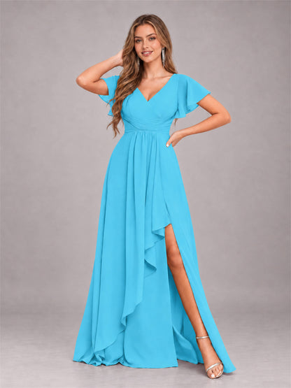 Pool Stylish Ruffles A-Line V-Neck Slit Chiffon Bridesmaid Dress