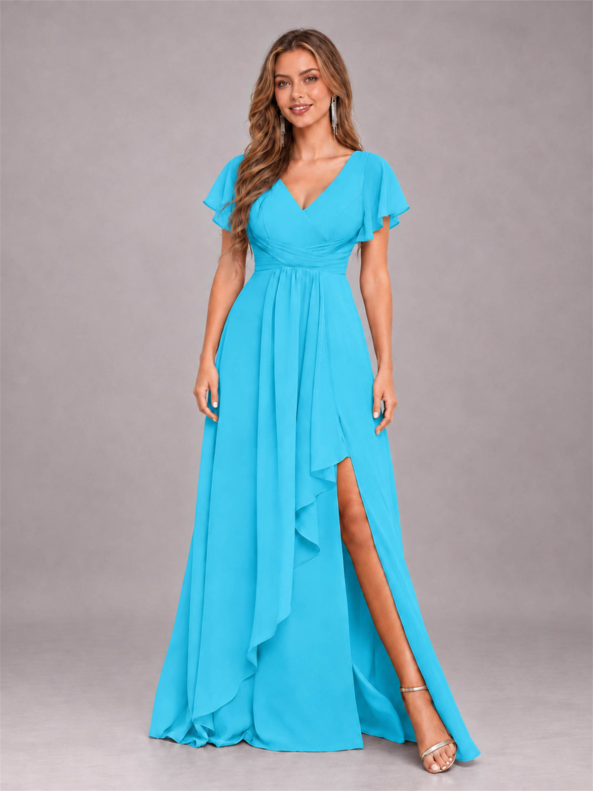 Pool Stylish Ruffles A-Line V-Neck Slit Chiffon Bridesmaid Dress