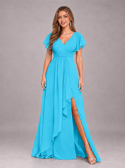 Pool Stylish Ruffles A-Line V-Neck Slit Chiffon Bridesmaid Dress