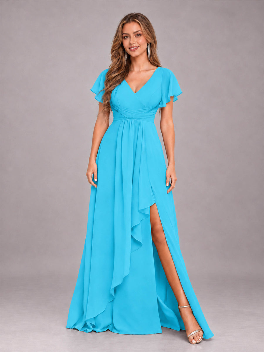 Pool Stylish Ruffles A-Line V-Neck Slit Chiffon Bridesmaid Dress