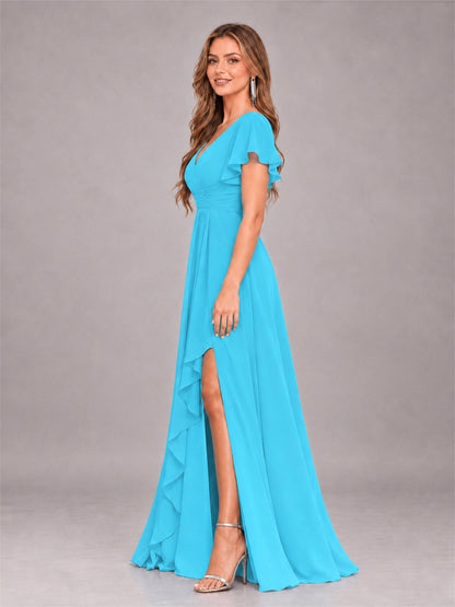 Pool Stylish Ruffles A-Line V-Neck Slit Chiffon Bridesmaid Dress
