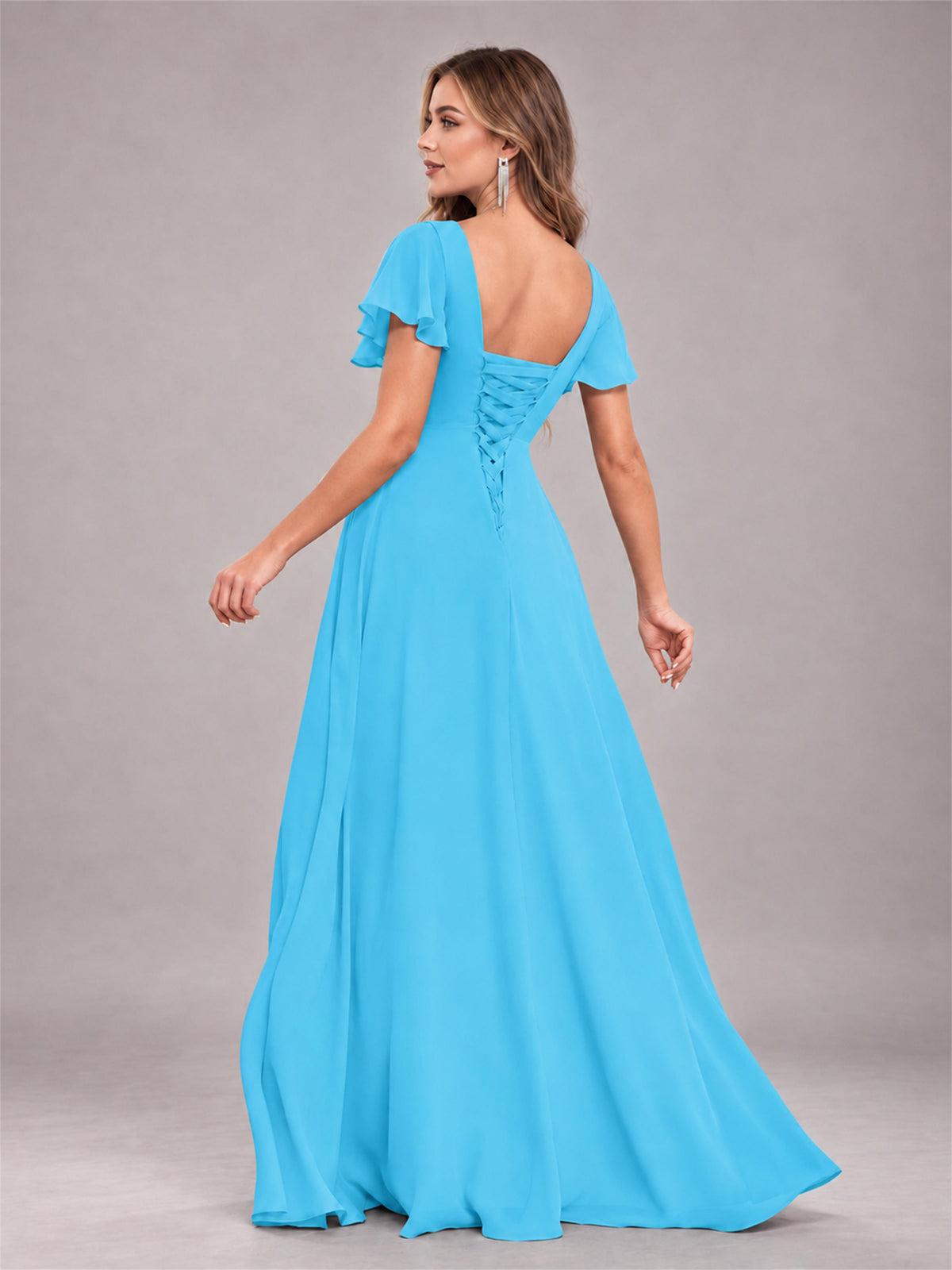 Pool Stylish Ruffles A-Line V-Neck Slit Chiffon Bridesmaid Dress
