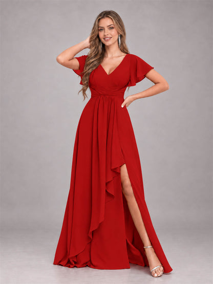 Red Stylish Ruffles A-Line V-Neck Slit Chiffon Bridesmaid Dress