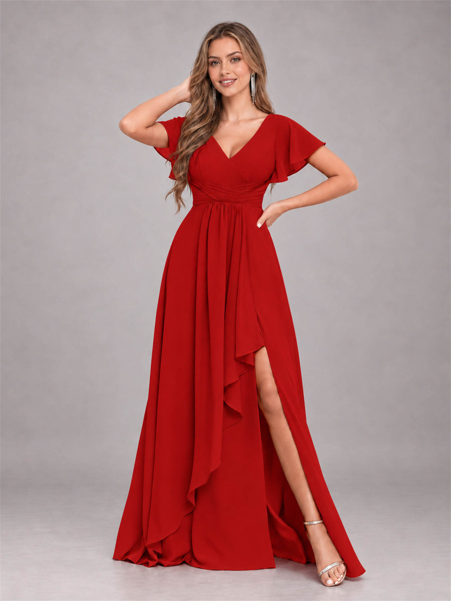Red Stylish Ruffles A-Line V-Neck Slit Chiffon Bridesmaid Dress