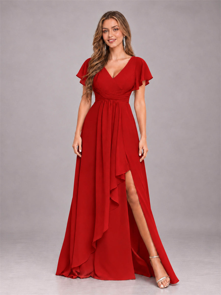 Red Stylish Ruffles A-Line V-Neck Slit Chiffon Bridesmaid Dress