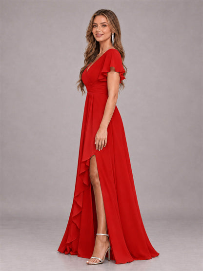 Red Stylish Ruffles A-Line V-Neck Slit Chiffon Bridesmaid Dress