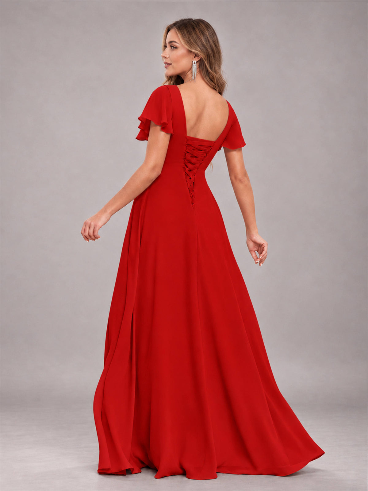 Red Stylish Ruffles A-Line V-Neck Slit Chiffon Bridesmaid Dress