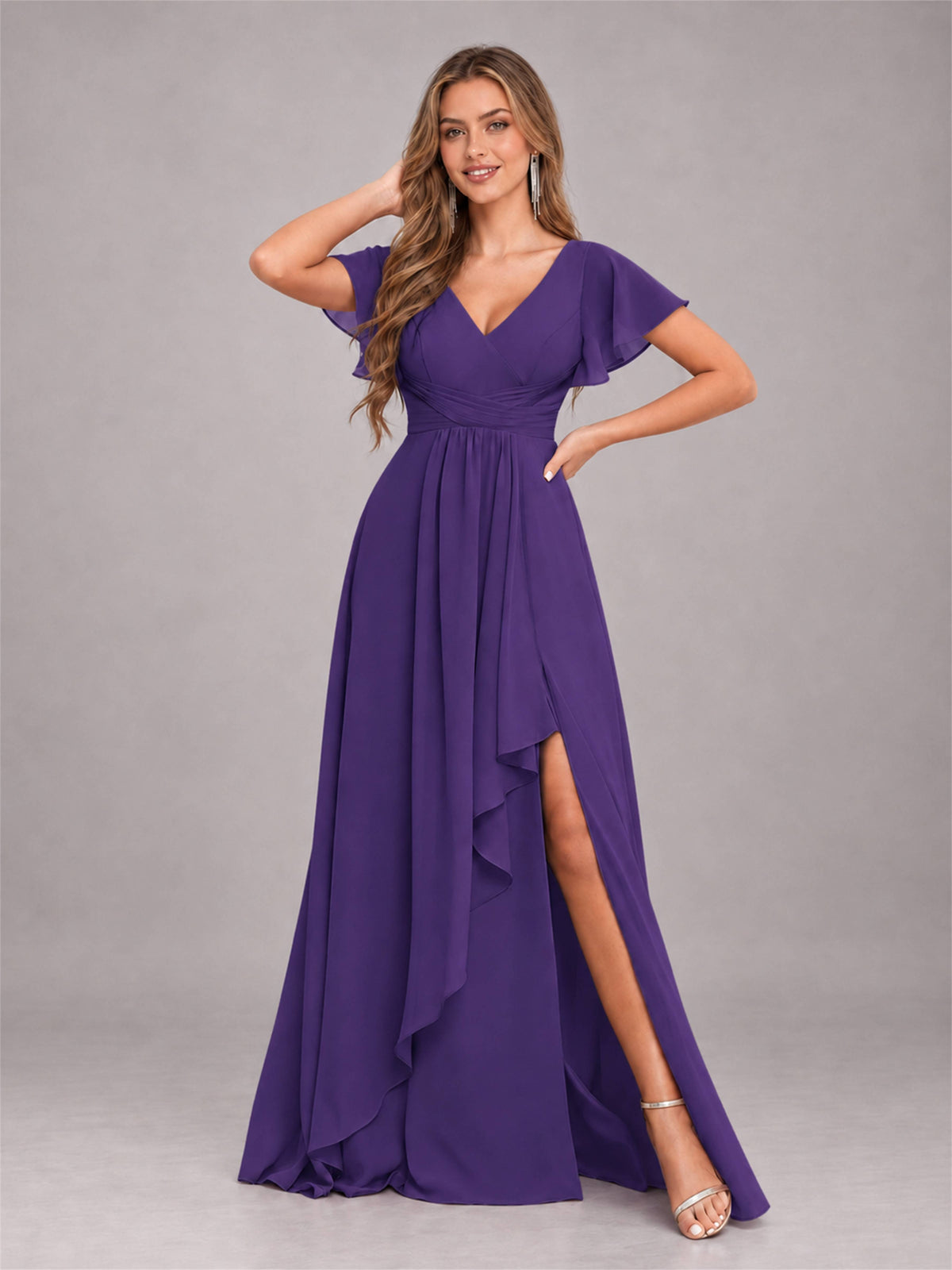 Regency Stylish Ruffles A-Line V-Neck Slit Chiffon Bridesmaid Dress