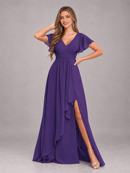 Regency Stylish Ruffles A-Line V-Neck Slit Chiffon Bridesmaid Dress